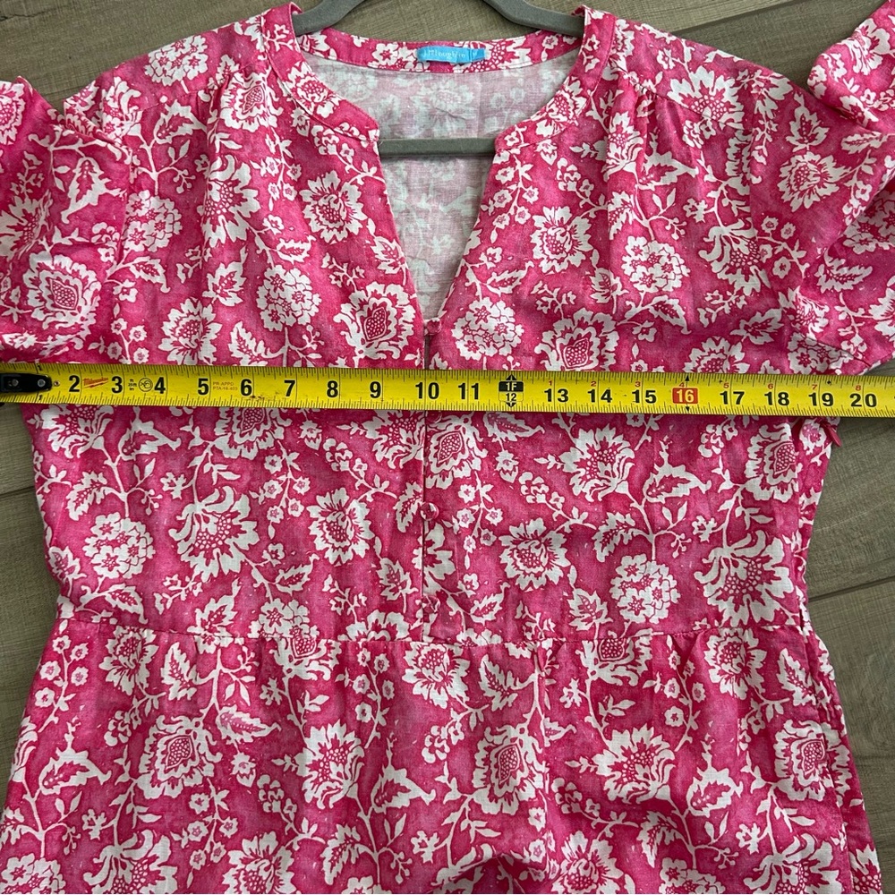 J. McLaughlin Pink Floral Cunningham Elbow Sleeve Linen V Neck Boho Maxi Dress M - Picture 8 of 11